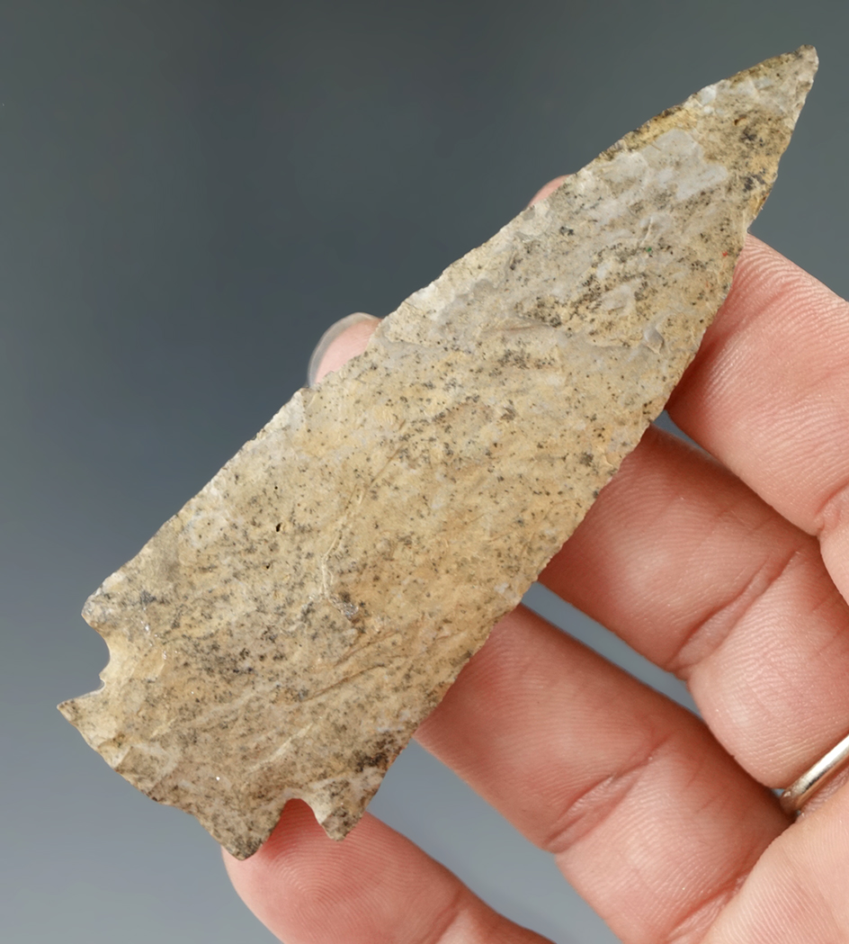 Heavily patinated, thin and nicely flaked 3 5/16" Chilcotin Plateau found in the 1950 -  E. Oregon.