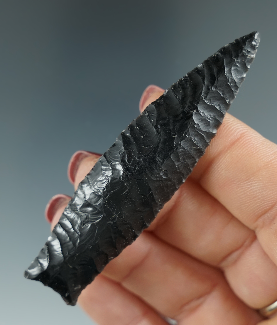 2 15/16" Buchanan earred with nice flaking made from black Obsidian. Great Basin, OR. Pictured!
