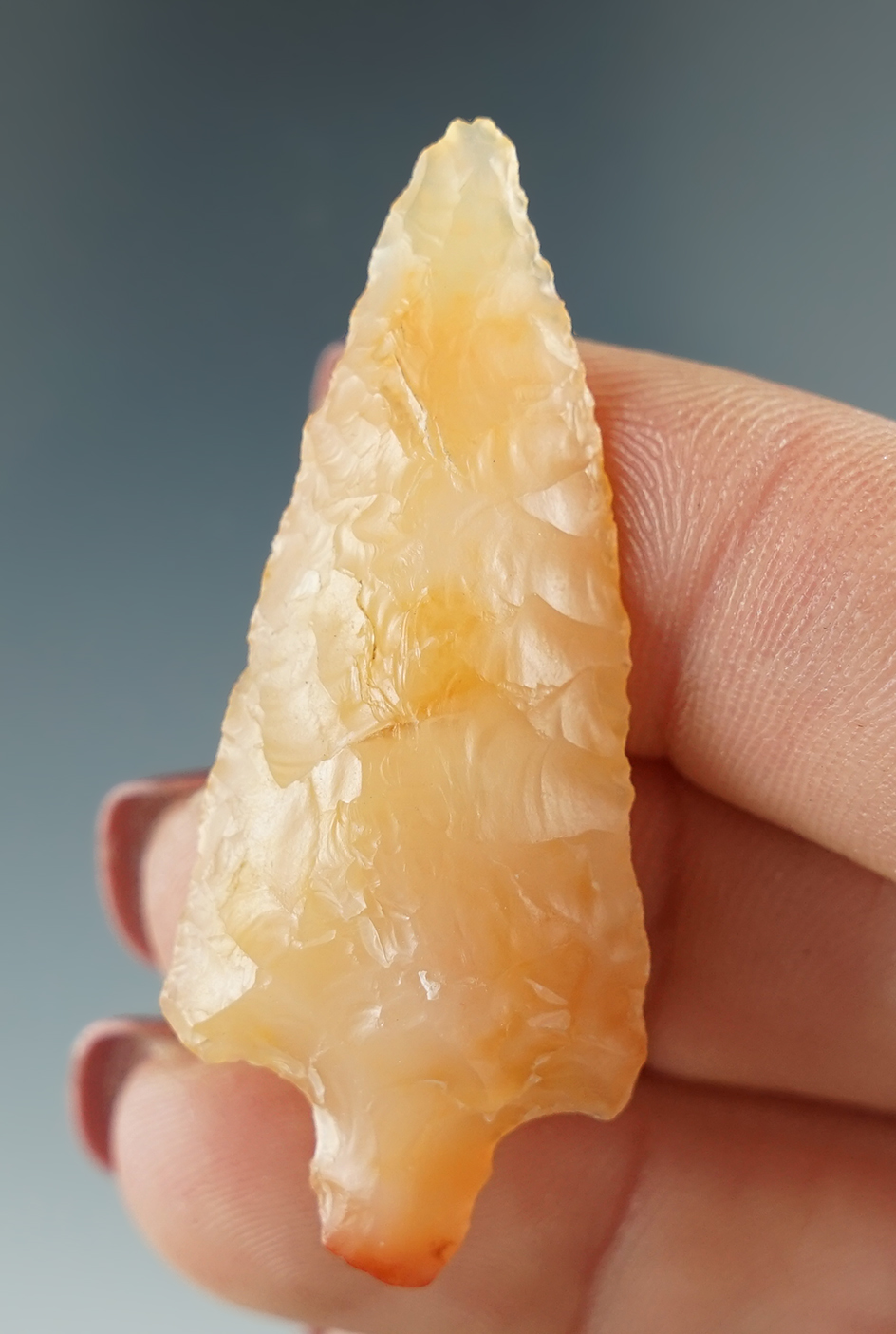 1 7/8" Darl square stemmed Point made from orange Carnelian Agate. Columbia River, OR.