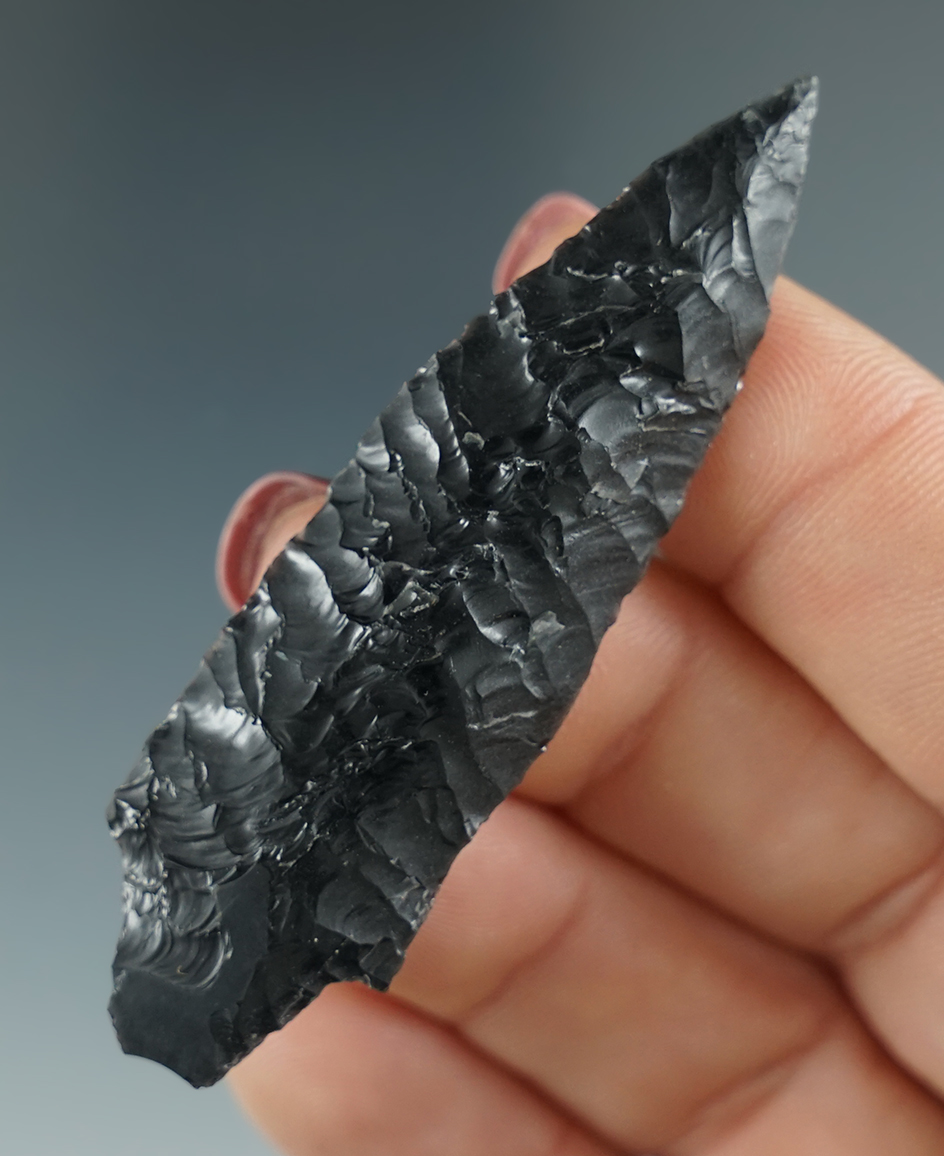 2 1/2" Gatecliff made from Obsidian. Found in the Great Basin, OR. Pictured in Overstreet #9
