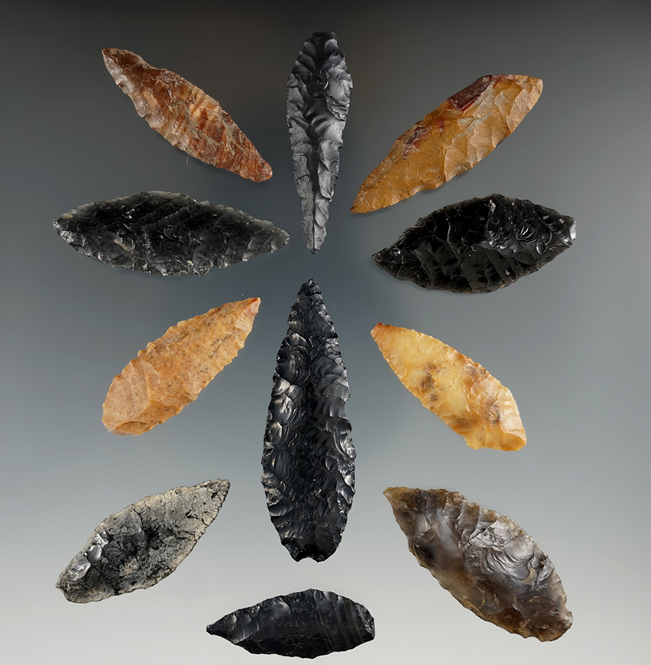 Eleven Cascade Leaf Blades, longest is 2 1/4". Found near the Columbia River, OR.