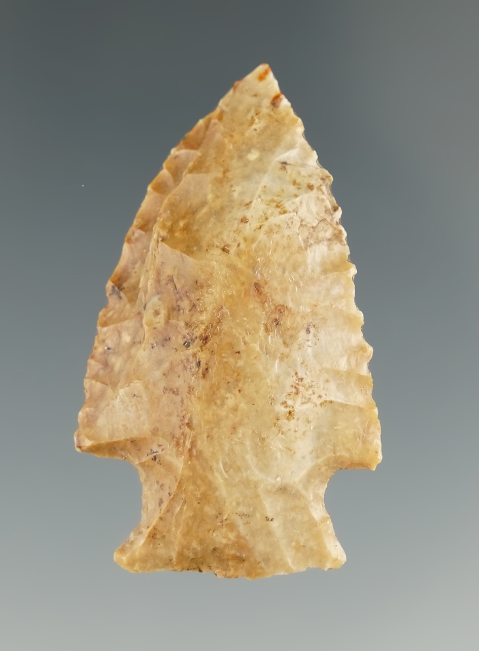 1 11/16" Cornernotch made from yellow and brown Jasper. Found near the Columbia River, OR.