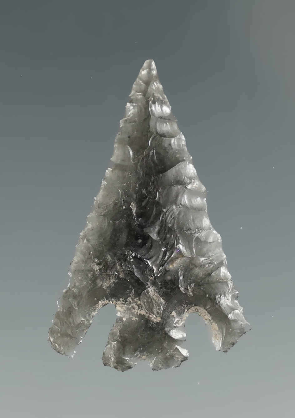 1 1/4" Diagonal Notch Point made from translucent Obsidian. Found in the Great Basin, OR.