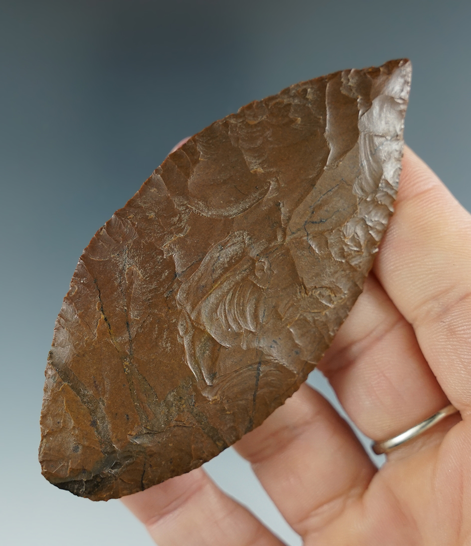 3 3/8" Oval Knife, thin and well flaked made from brown Jasper. Columbia River, OR.