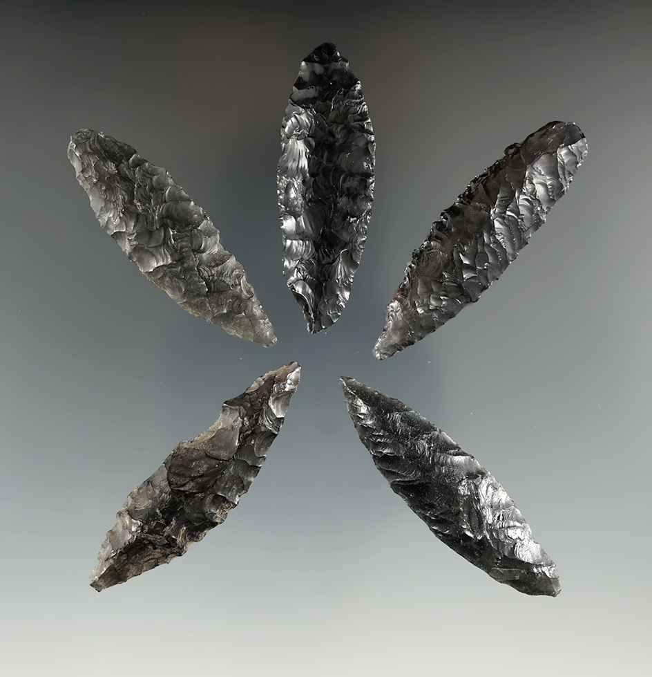 Five Cascade Leaf Blades made from Obsidian. Longest is 2 1/4". Found in the Great Basin, OR.