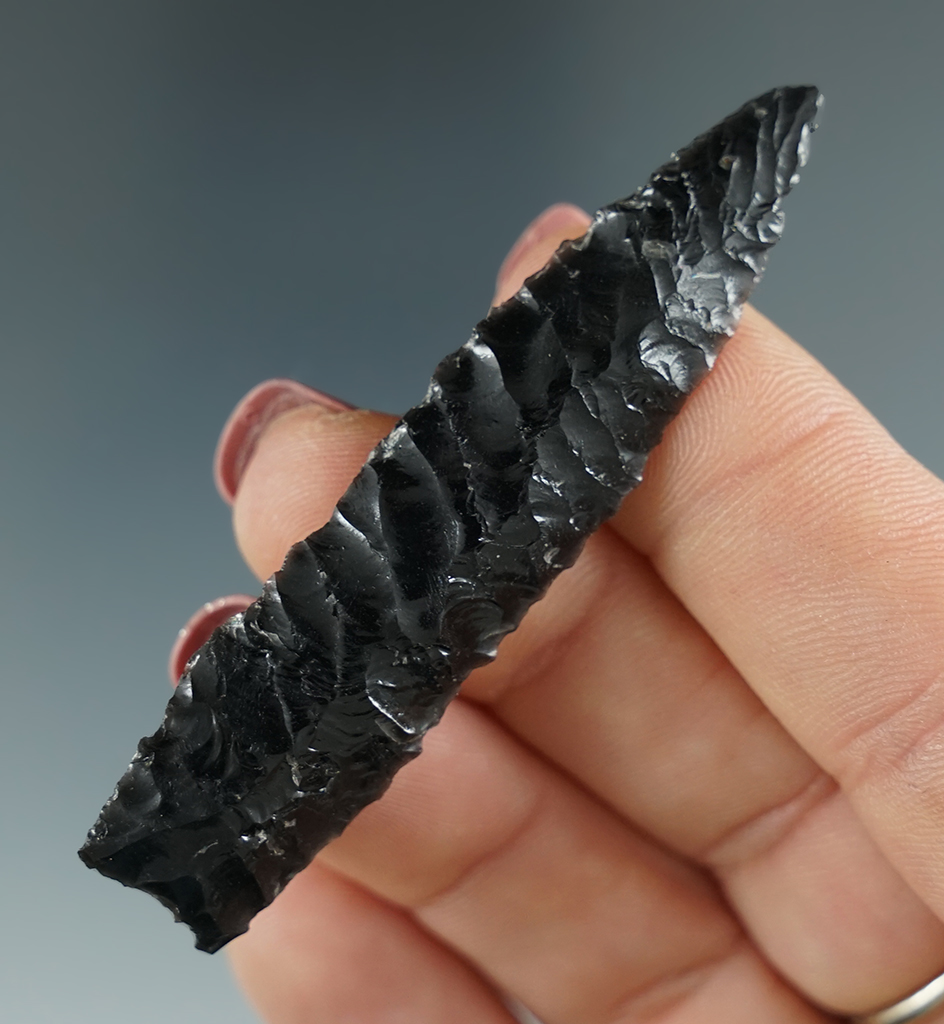 2 5/8" ScottsBluff made from black Obsidian. Found in the Great Basin, OR. Pictured in Overstreet