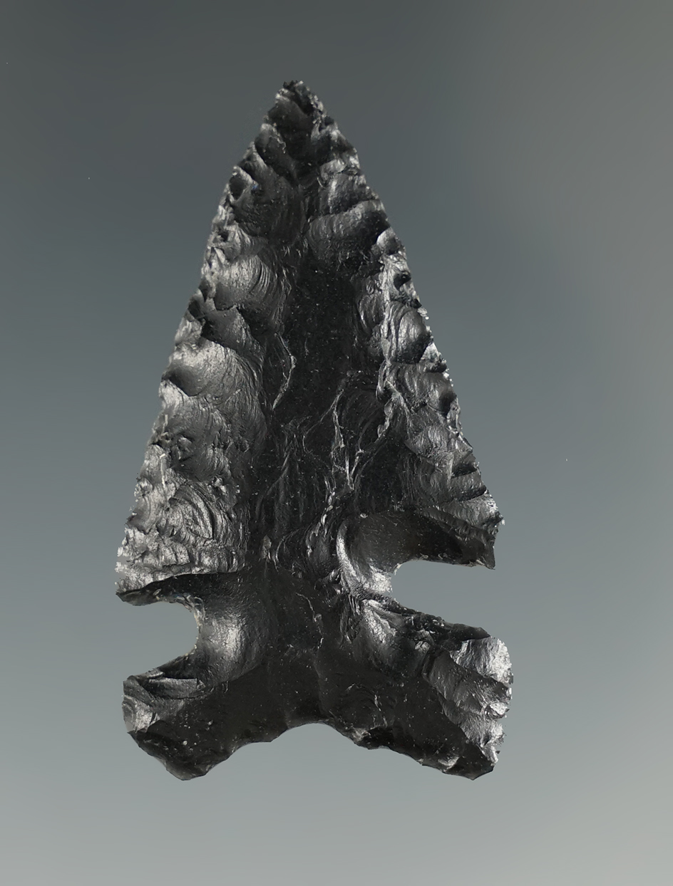 1 13/16" Northern Sidenotch made from black Obsidian. Found in the Great Basin, OR. Pictured!