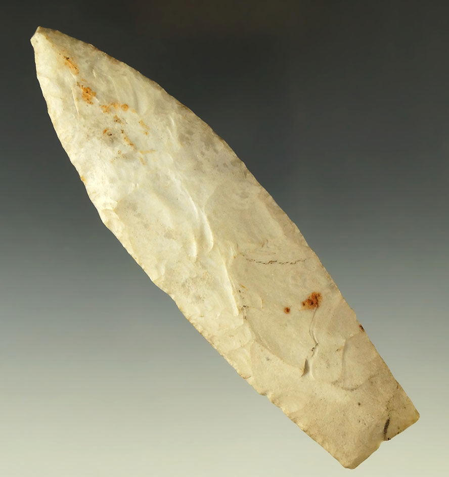 Large 5 1/4" well flaked Burlington chert Lanceolate found in St. Clair County Illinois .