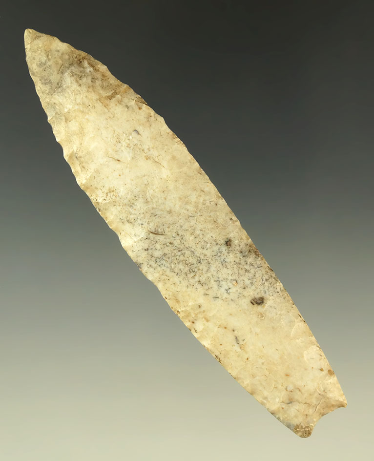 4 1/4" Agate Basin that is nicely styled found in Missouri. Tip area has some restoration.