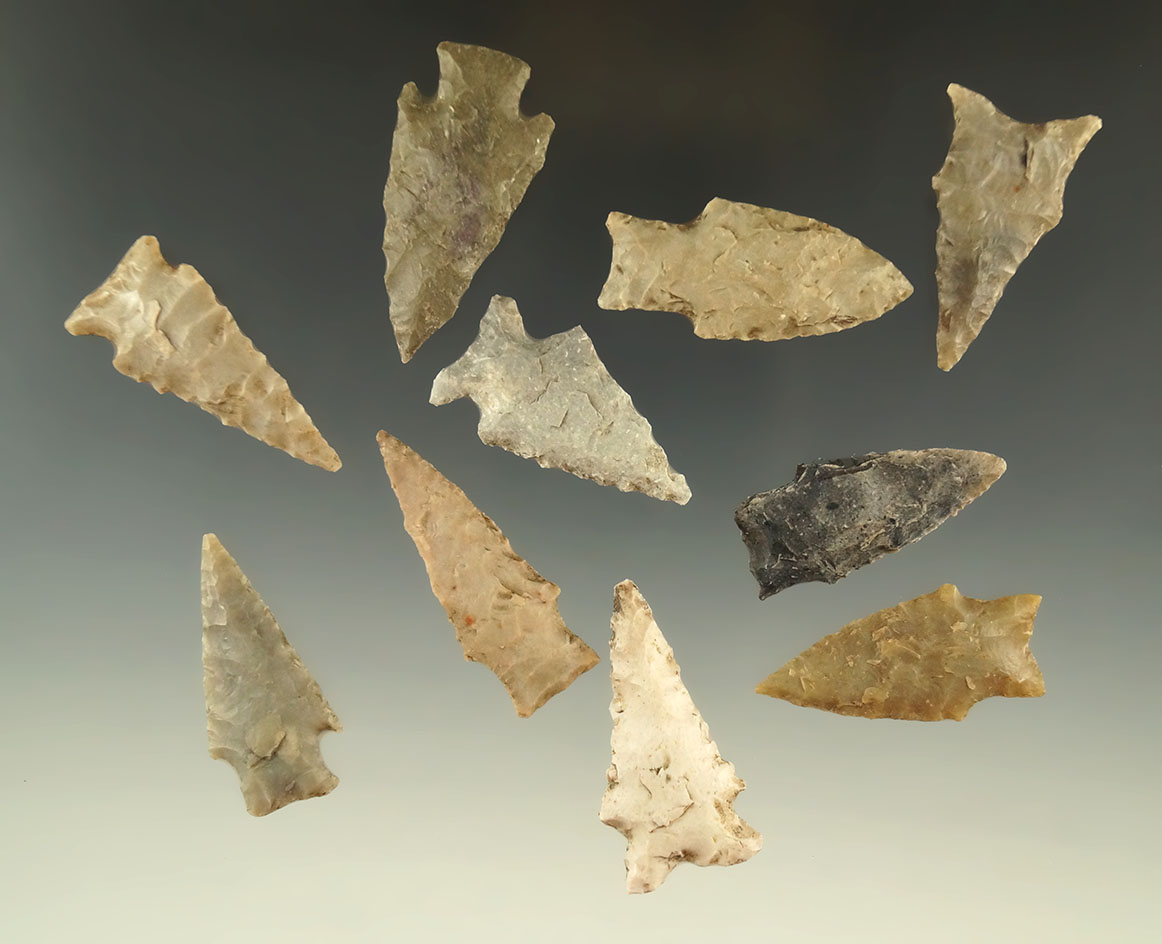 Set of 10 assorted Texas arrowheads, largest is 1 3/4".
