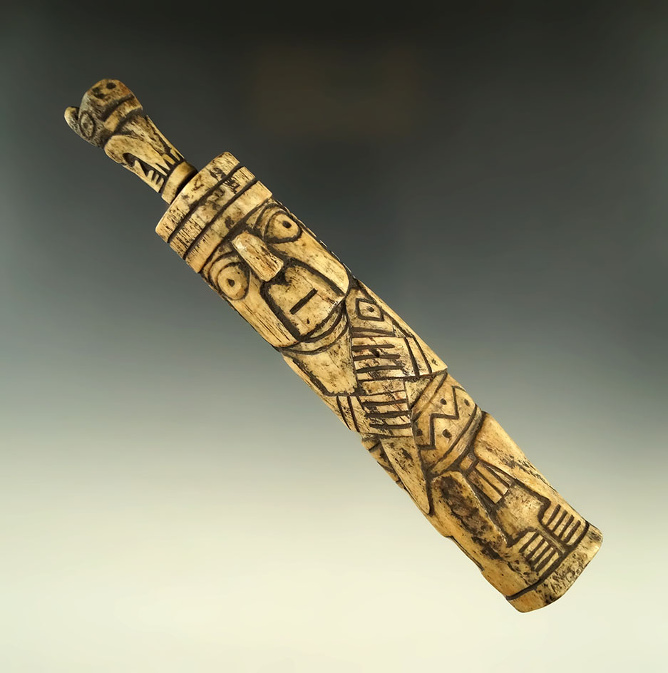 6 1/2" nicely crafted Inca culture llama bone lime container with original stopper lid.