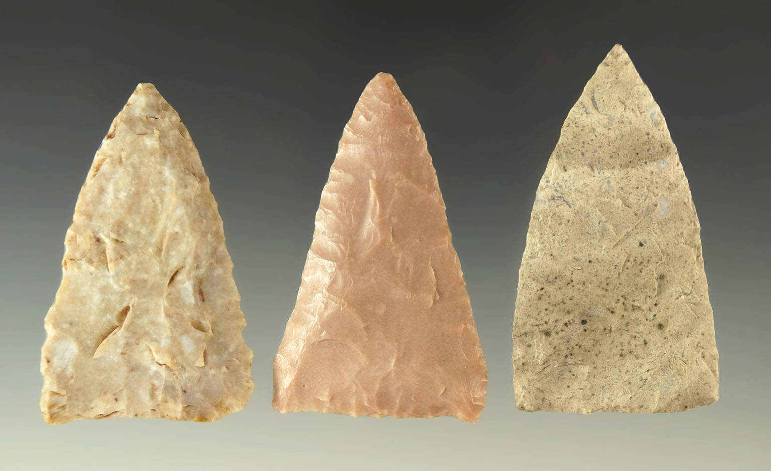 Set of three Kinney Knives found in Bell County Texas by Kaye Don Bruce. Largest is 2 1/2".