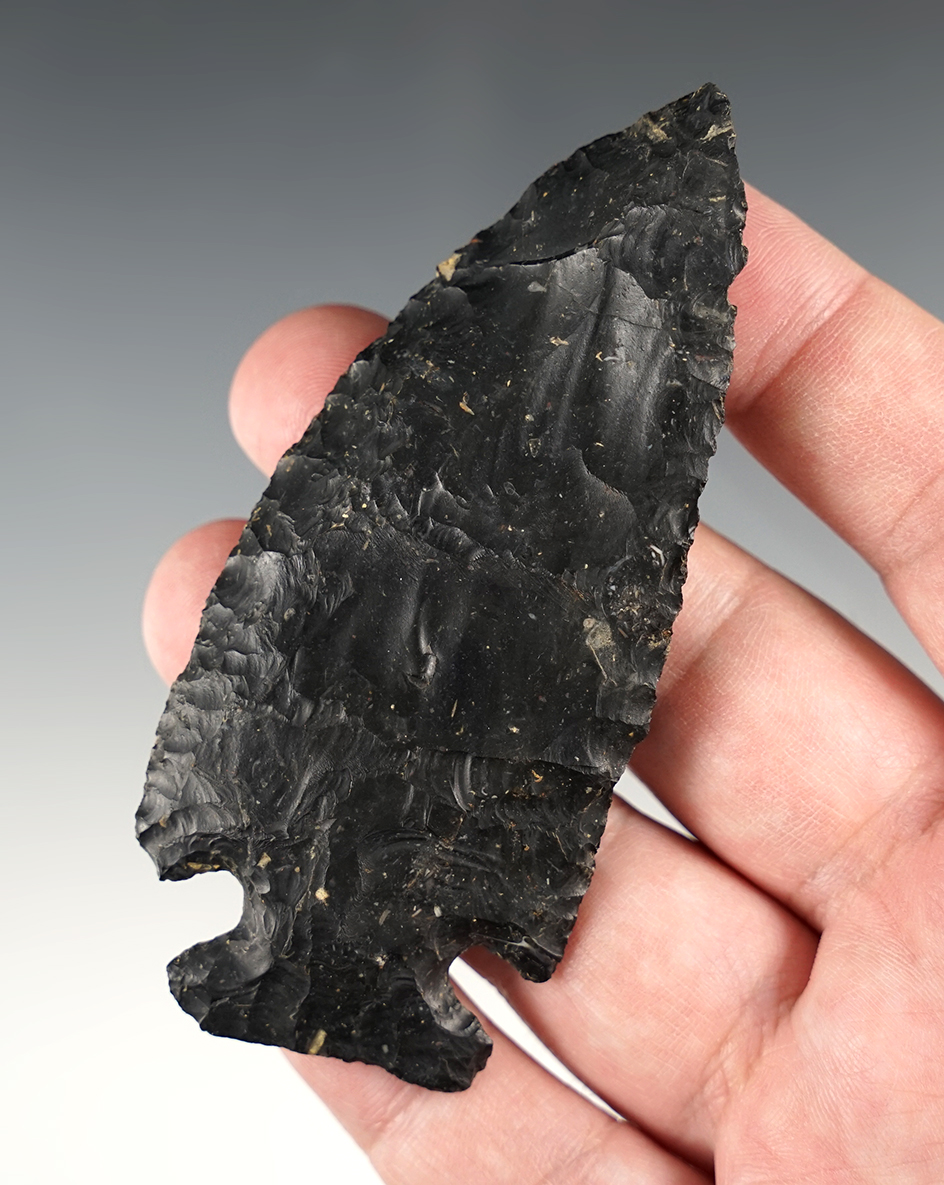 Well made 3 11/16" Ohio Archaic Corner Notch with fine flaking. Made from Coshocton flint.