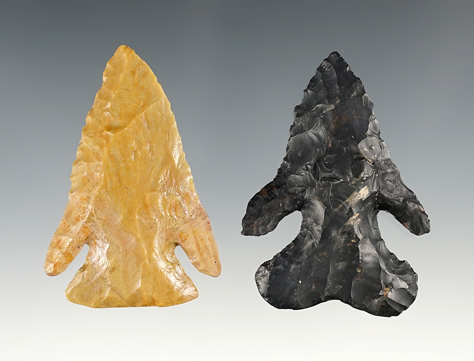 Pair of Ohio Thebes points. Both have restored ears.  The largest is 2 1/2".