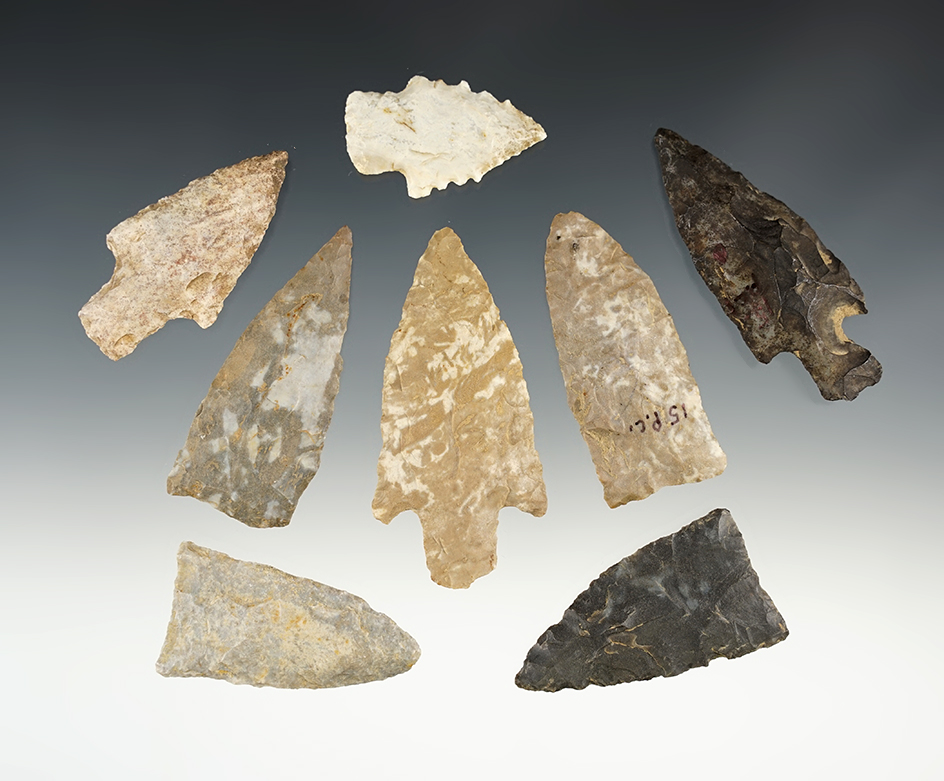 Set of 8 nice points & knives found by J.R. Dalton in Pulaski Co., Kentucky. The largest is 2 3/4".