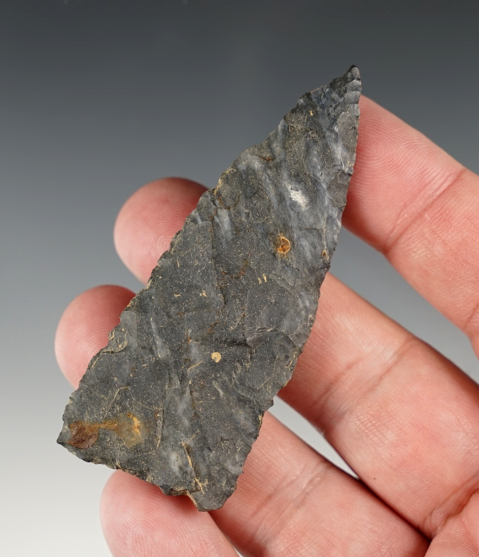 2 7/8" Triangular Knife made of Nellie Chert. Found in Morrow Co., Ohio.