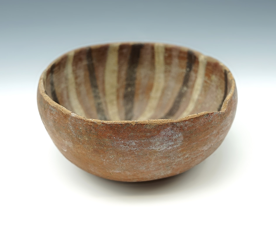 Nice interior paint design on this 4 3/4" diameter Chancay Culture pottery bowl found in Peru.