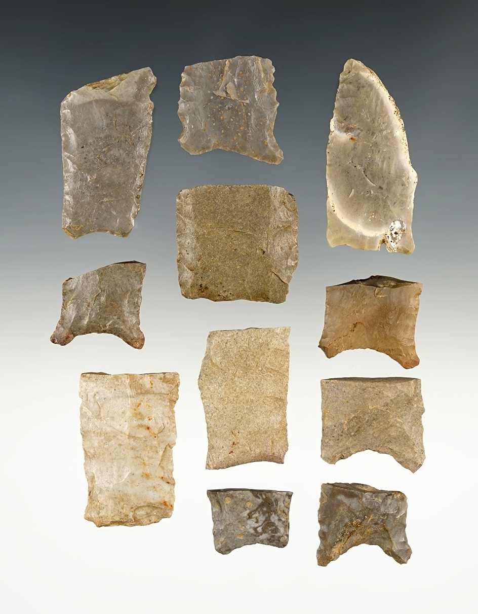 Set of 11 Paleo Bases found in Hart & Barren counties, Kentucky. The largest is 1 13/16".