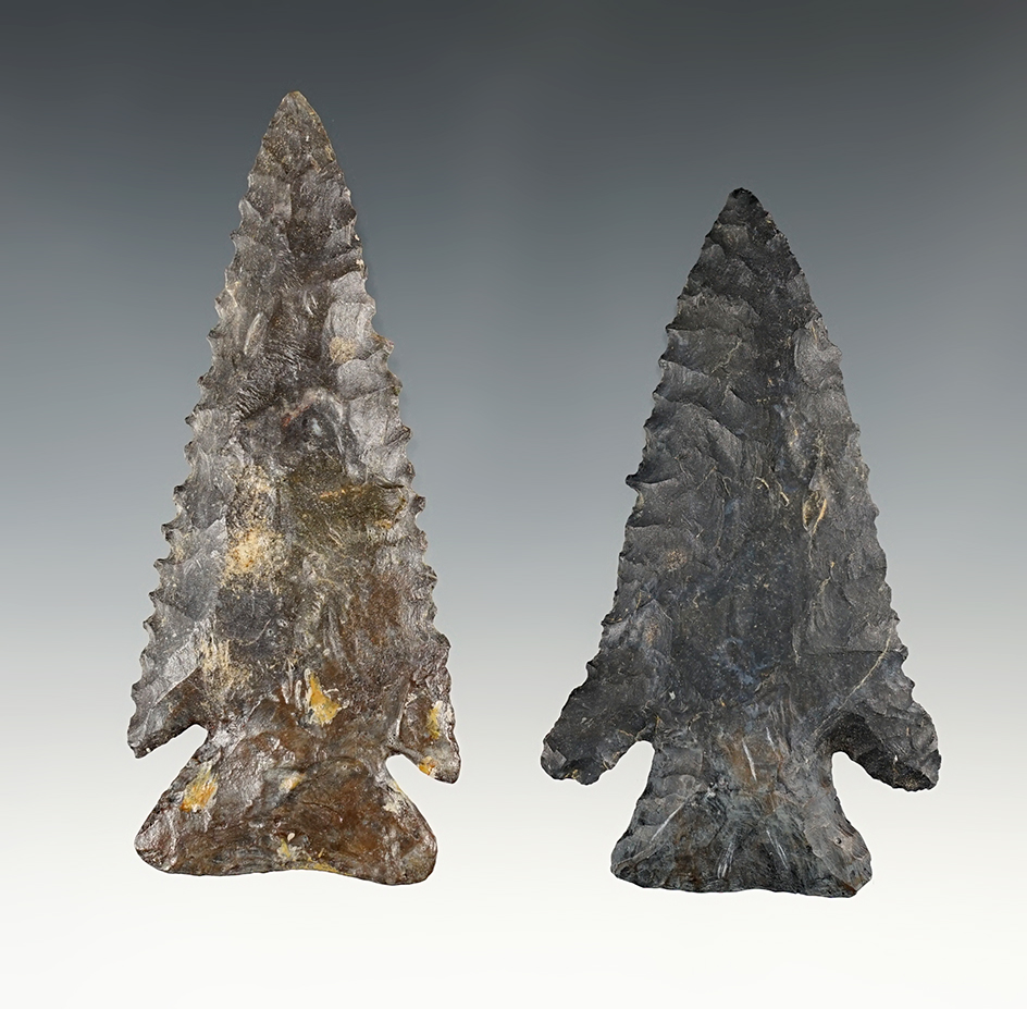 Pair of Ohio Thebes points with restored bases. The largest is 3 1/2".