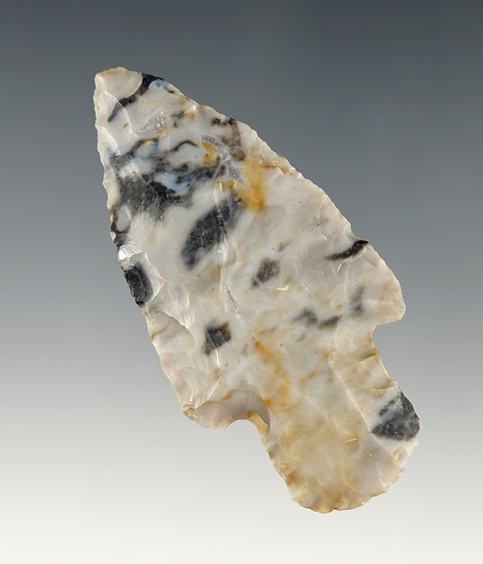 2 7/16" Adena made from an attractive multi-colored flint.Found in 1963 in Monroe Co., Ohio.