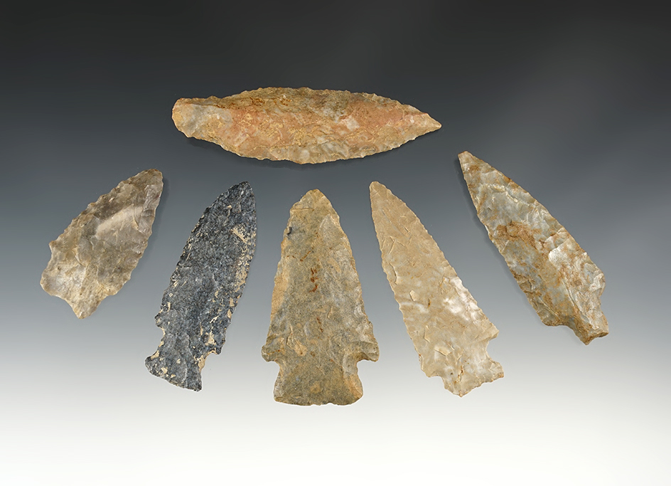 Set of 6 nicely made points found by J.R. Dalton in Pulaski Co., Kentucky. The largest is 3 1/8".