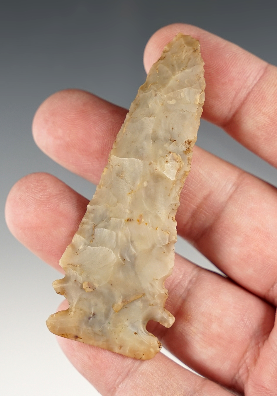 Rare 3" Double Notch point found in Marietta, Washington Co., Ohio in 1972. Flint Ridge flint.