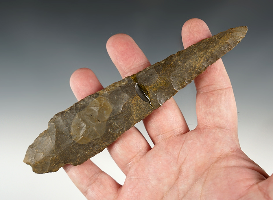 Huge 6 7/16" Adena found in the Kentucky/Indiana area. Broken and glued at the mid-section.