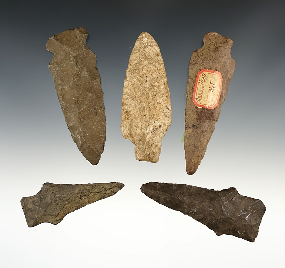 Set of 5 assorted Northeastern points in good condition. The largest is 3 13/16".