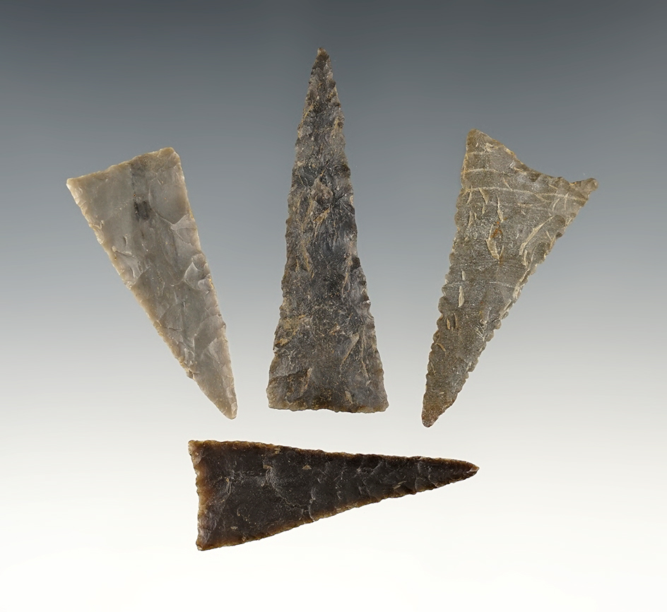 Set of 4 finely made Triangle points. Found in the Kentucky/Tennessee area. The largest is 2 3/16".