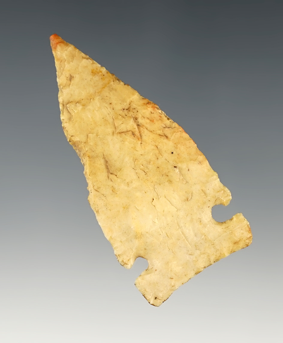 2 3/8" Intrusive Mound Point - tan Chert with a red tip. Found by Don Beer in Knox Co., Ohio.