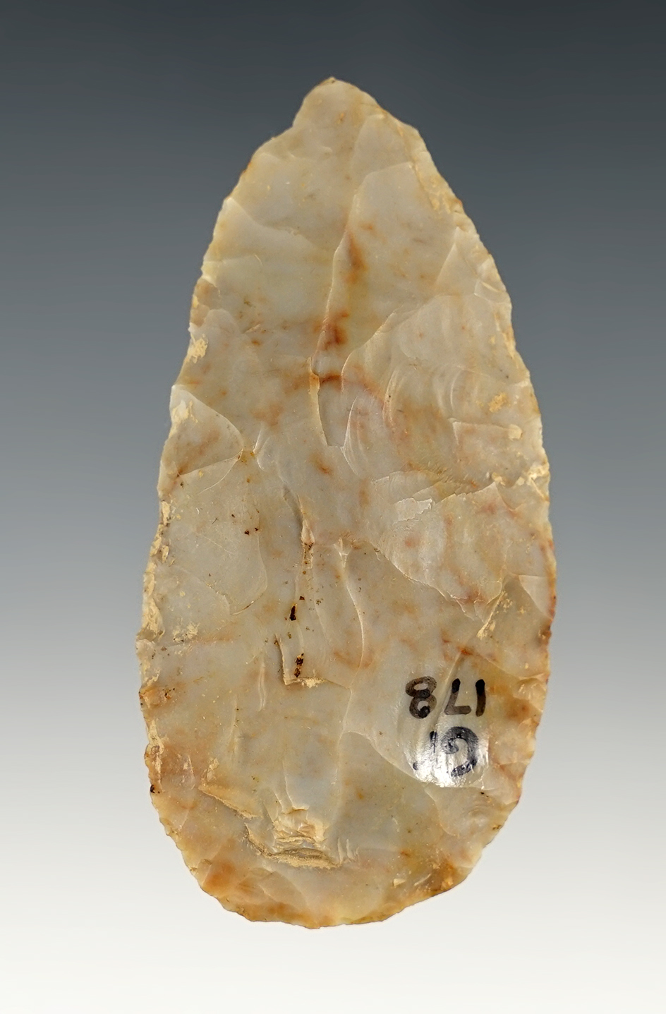 2 11/16" Adena Blade made from Flint Ridge Flint. Found by George Thrush in Fairfield Co., Ohio.