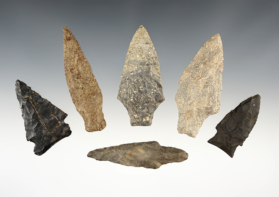 Set of 6 assorted Northeastern points in good condition. The largest is 2 15/16".