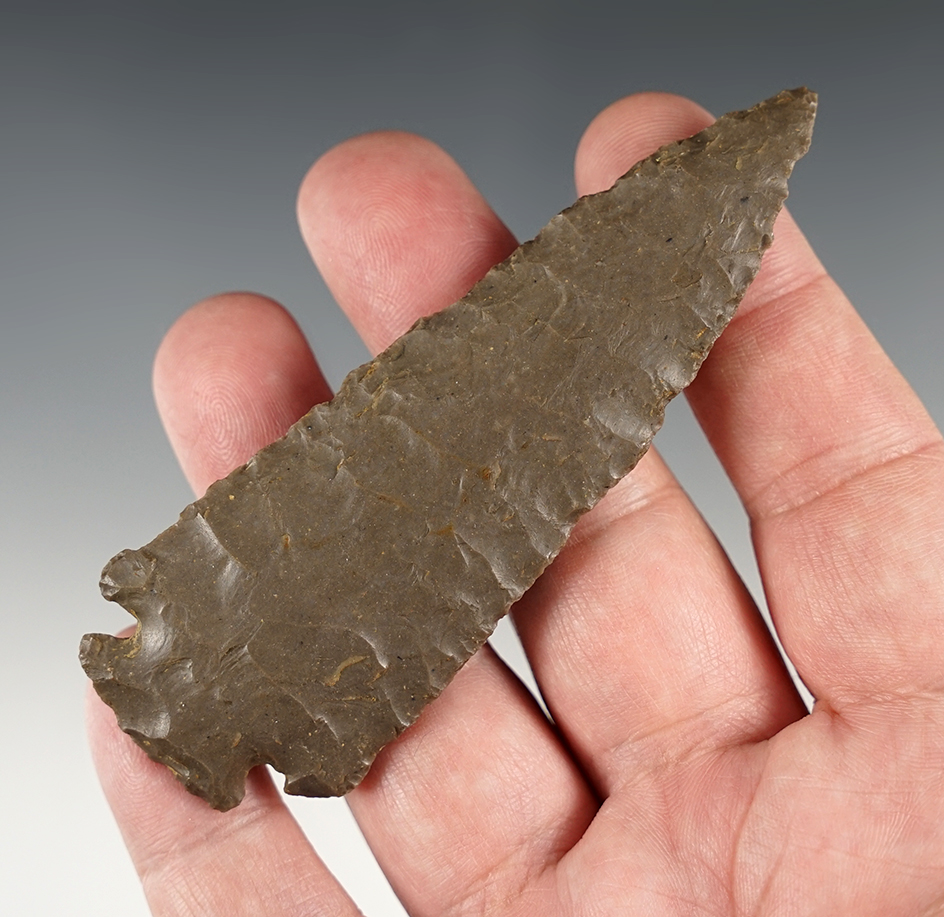 3 3/4" Archaic Cornernotch Point made from Hornstone. Nice example and very well made.