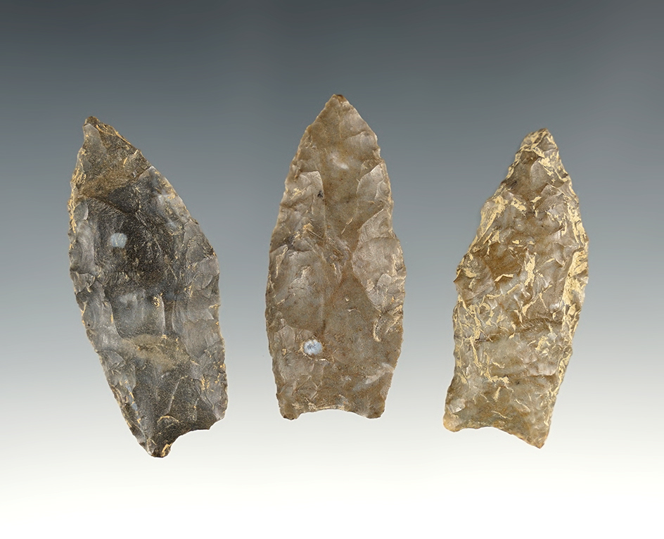Set of 3 nice Wheeler points found by J.R. Dalton in Pulaski Co., Kentucky. The largest is 2 1/16".