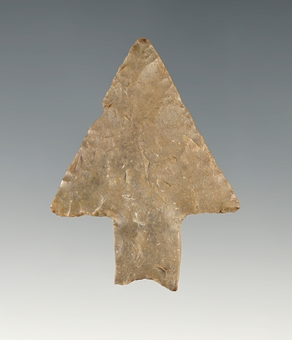 Rare 1 5/8" Lake Erie Bifurcated Base Stem has side Burin fractures. Ex. Norm Dunn, Jack Hooks.