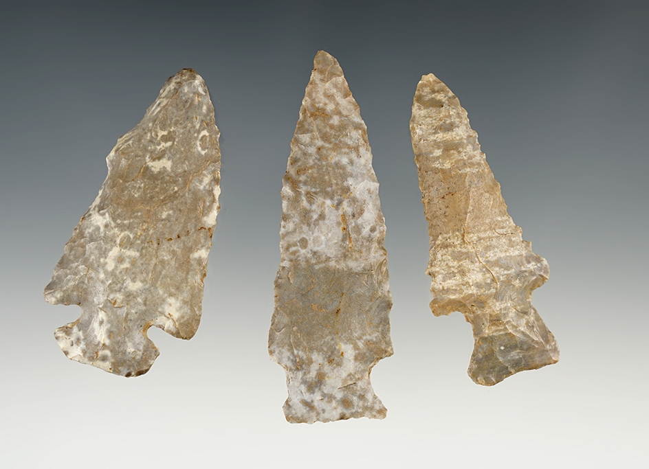 Set of 3 well patinated points found by J.R. Dalton in Pulaski Co., Kentucky. The largest is 2 3/4".