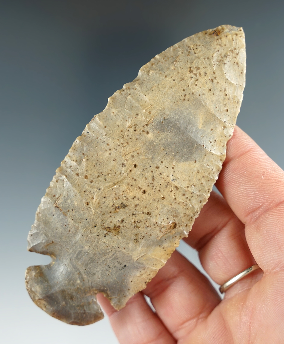 3 15/16" Heavily patinated Hornstone Dovetail found near the Wabash River, Grant Co., Indiana.