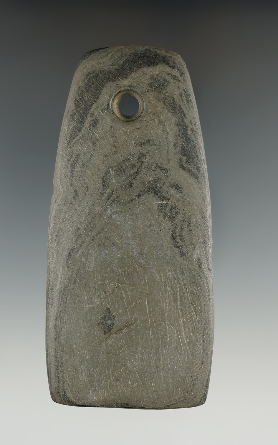 4 3/8" Adena Trapezoidal Pendant made from green and black Banded Slate, Adams Co., Ohio.