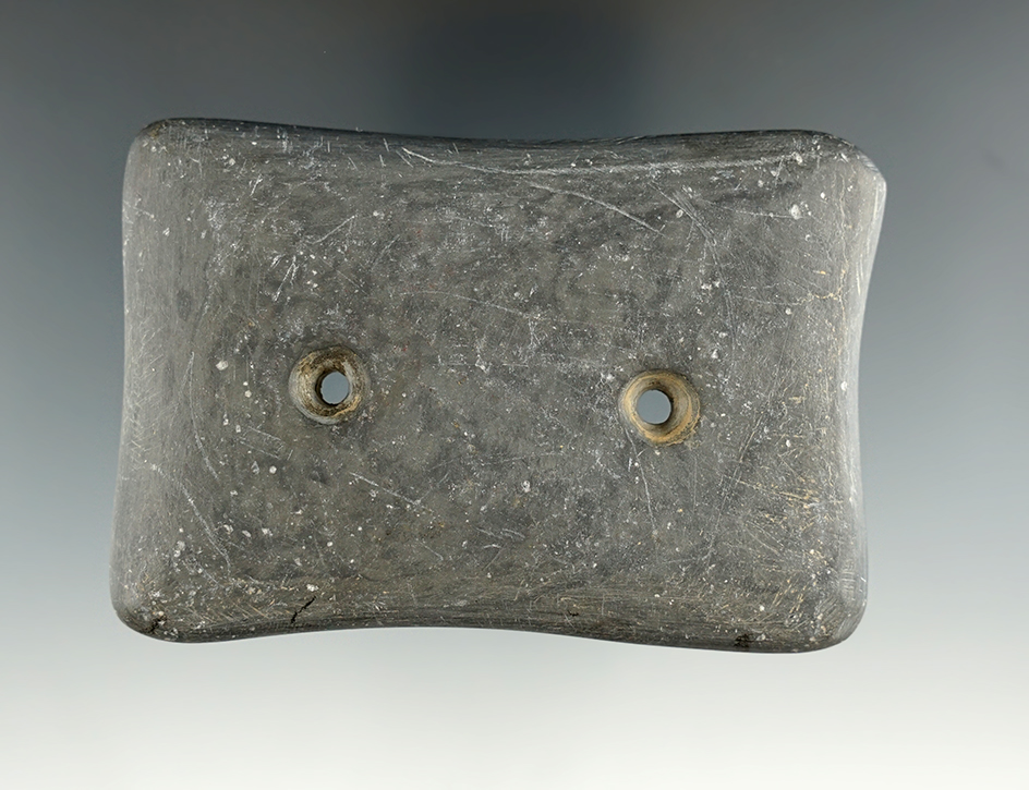 3 3/8" Adena Quadriconcave Gorget made from Mottled Slate, found in Washington Co., Ohio.