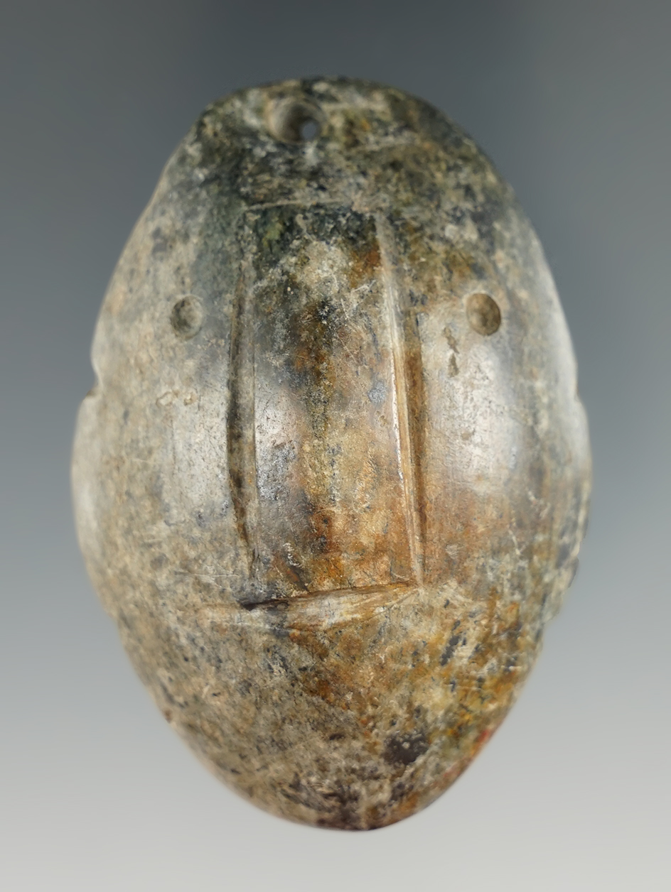 Uniquely styled 2 5/8" Mayan Jadeite Maskette Pendant found in Belize. Very nicely polished.