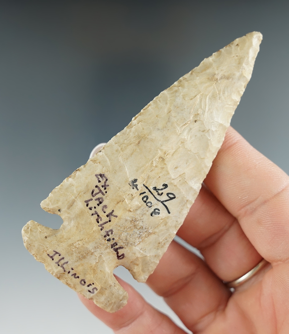 3 7/16" Side notched Knife made from Burlington Chert found in Illinois. Ex. Jack Litchfield. COA.