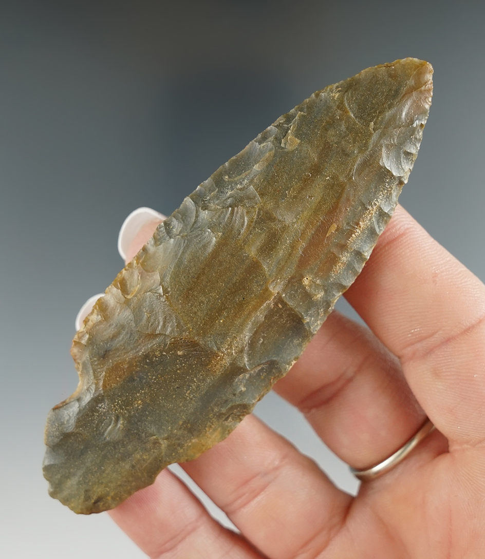 3 11/16" Heavily patinated Turkeytail found in Clark Co., Indiana. Ex. Homer Potts.