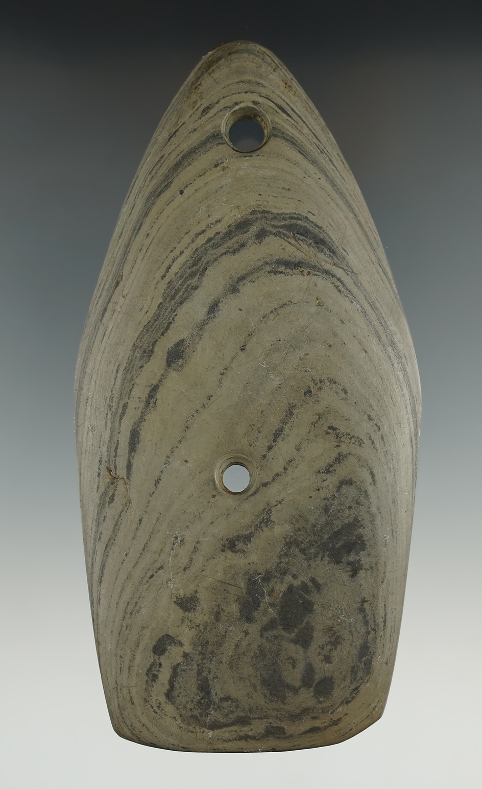 5 3/16" Glacial Kame Sandal Sole Gorget - green and black Banded Slate. Mercer Co., Ohio.