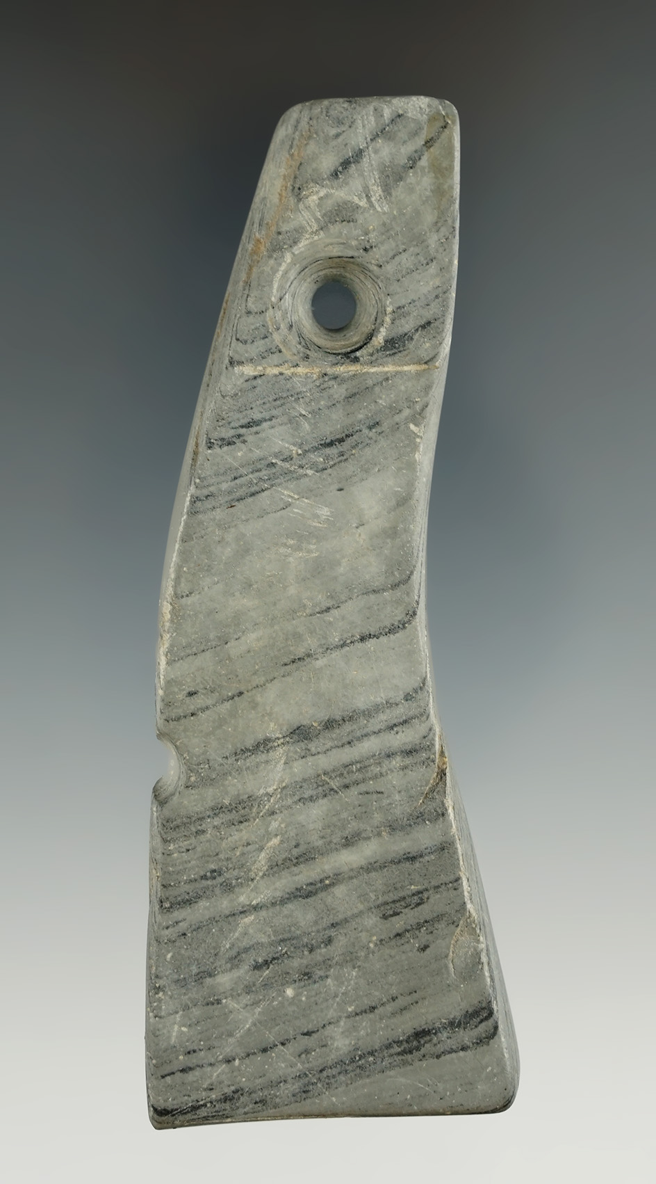 Uniquely styled 4" banded Slate pendant  salvaged from a larger anciently damaged artifact.