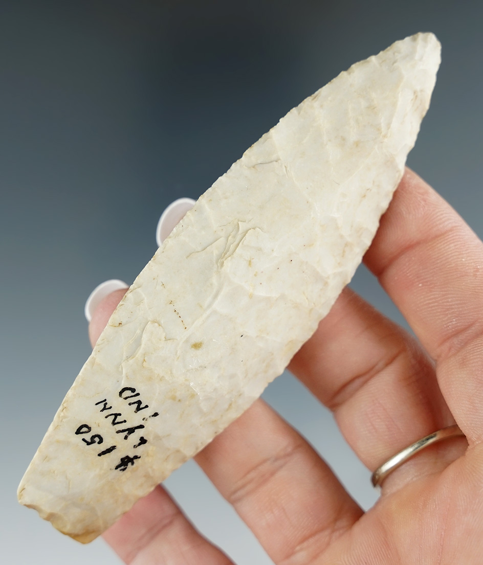 4" Agate Basin that is very well flaked with nicely ground lower edges found in Indiana.