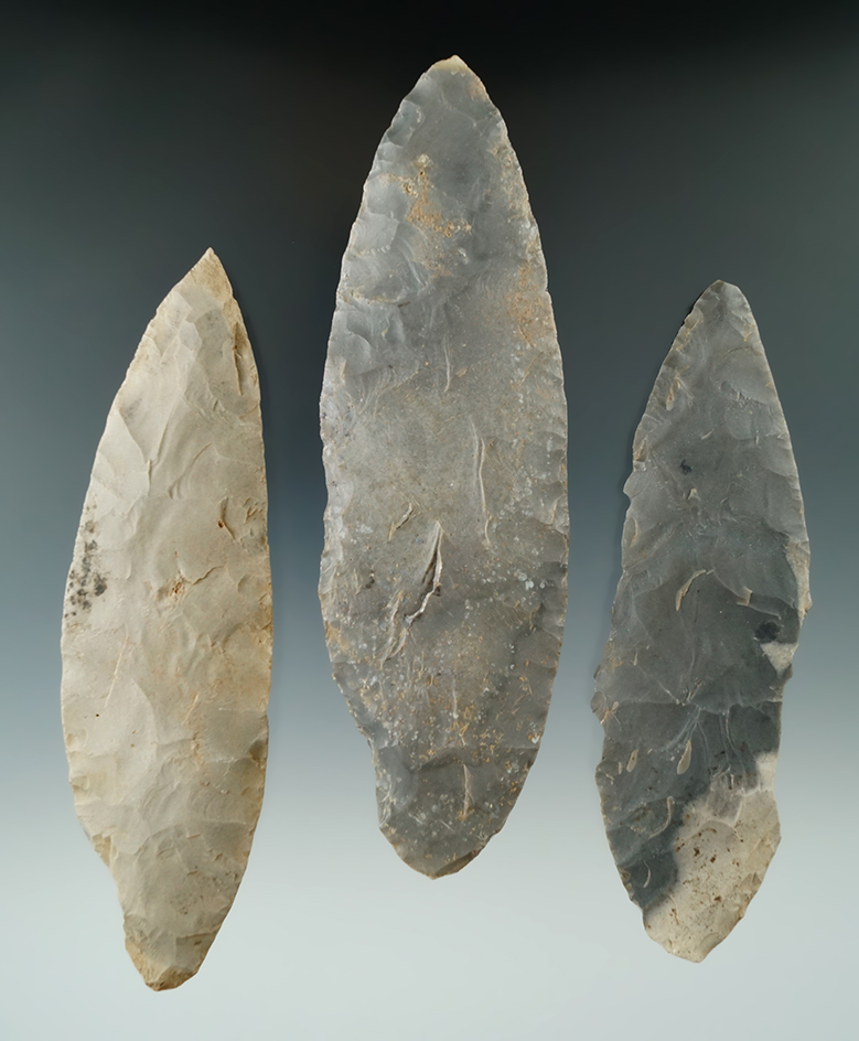 Set of three Turkeytail Blades found in Crawford Co., Indiana as part of a 27 total piece Cache.