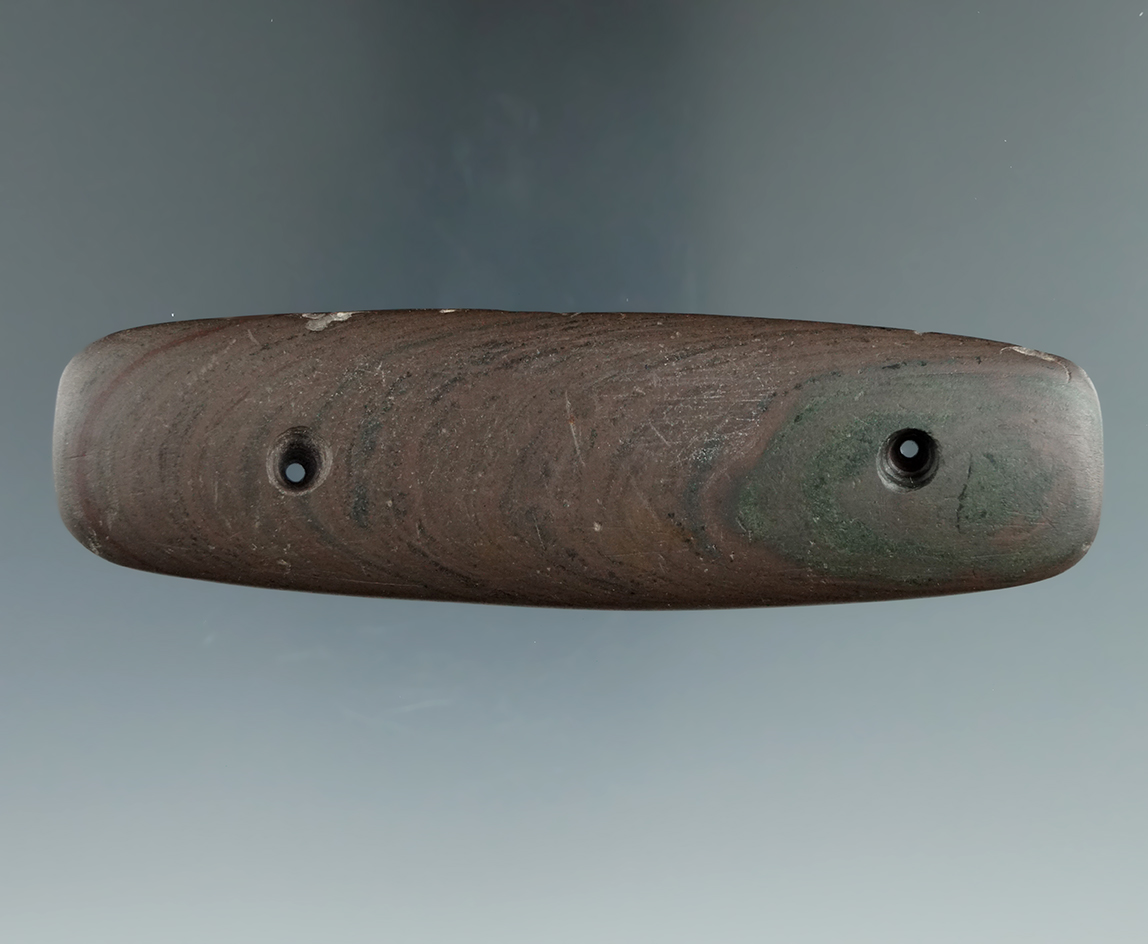 3 7/8" Red and black Banded Slate Two Hole Rectangular Gorget found in Medina Co., Ohio.