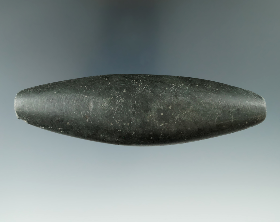Heavily patinated 5 1/4" Undrilled Elliptical Gorget made from glacial slate found in Ohio.
