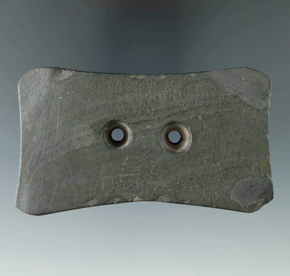 3 3/4" Banded Slate Adena Quadriconcave Gorget found in Adams Co., Ohio. Ex. Dick Johnson.