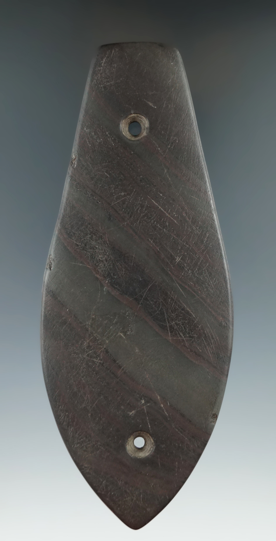 Large 6 1/8" Glacial Kame Gorget found in Ohio made from beautiful banded Slate.